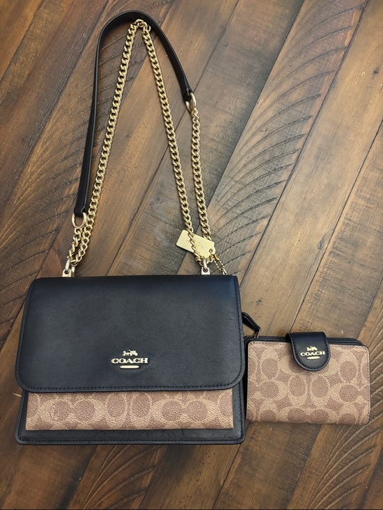 Coach Handbags - Coach SET Black Leather & Brown Signature Canvas Crossbody with Matching Wallet